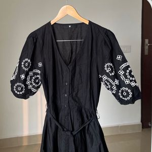 Balloon Puffed Sleeve Cutwork Embroidered Dress