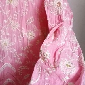 White-Gold Embroidery Pink Anakarkli Cotton Kurta