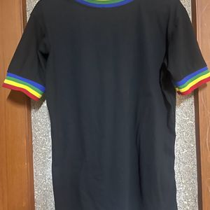 black t shirt multiple coloured colar sleeve