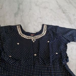 Blue polka dots frock with  mirror work  on neck