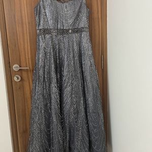 Grey Glitter Ethnic Gown With Transparent Neck