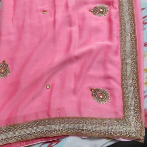 Neon/Light Pink Saree With Pearl & Golden Work