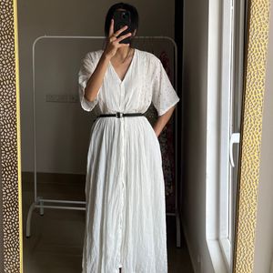 Embroidered White Linen Pleated Midi Dress