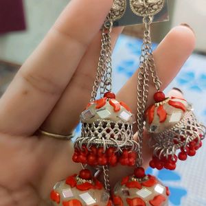 Beautiful Three Layer Jhumka Red In Color