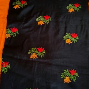 Floral Embroidery Black Cotton Saree