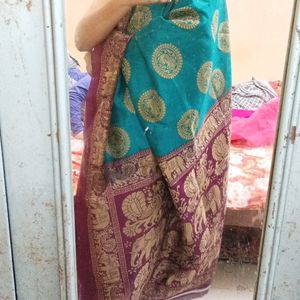 Beautiful Blue And Maroon Saree With Elephant An