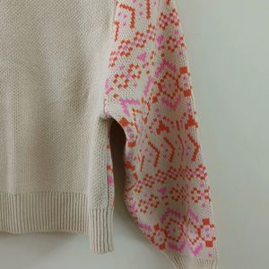 H & M -White Sweater with Playful Pink and Orange