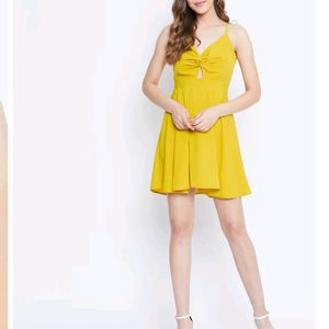 Today's Offer ₹150 Berrylush Women Solid Yellow Front Twist Knot Fit & Flare Mini Dress For Women (Mustard Colour)