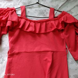 Cute Pinkish Red Puff Sleeve Off Shoulder Dress