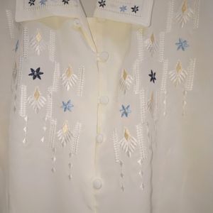 Cream Coloured Embroidered Women Plus Size Shirt