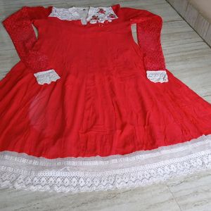 XL Size Hot Red Frock With Scarf