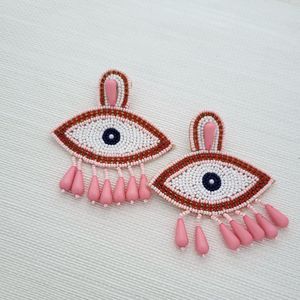 Beaded Pink Evil Eye Dangler Earrings