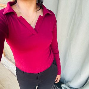 Maroon Cotton Collared Top