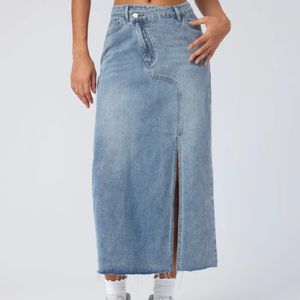 Denim Asymmetric Slit Midi Skirt