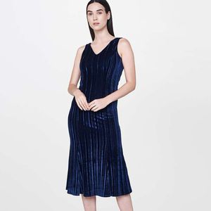 AND Women Blue Solid A-Line Pleated Dress