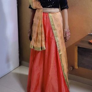 Orange Plain Silk Lehenga