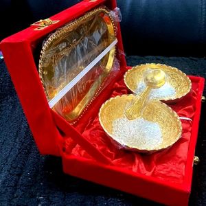 Gold Plated Bowls And tray With Spoon Set Ideal Fo