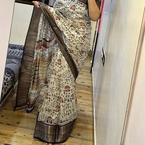 White Brown Saree With Blouse Piece