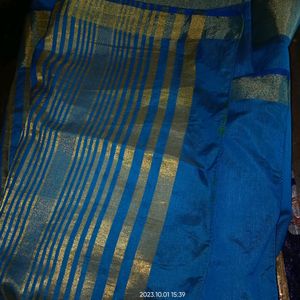 Plain Blue Colour Saree Without Blouse