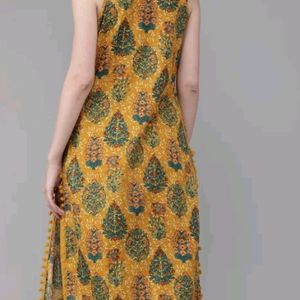 Cotton Mustard Yellow and Green Printed Kurta