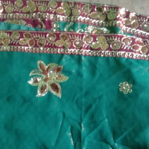 Green Lengha Type Saree With Purple Embroidery