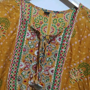 Musturd Anarkali Long Kurti Floral Print 42 Bust