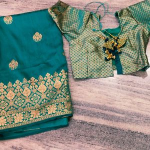 Peacock Colour Banarsi Saree With Gold Jari