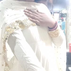 White Anarkali Gown With Attached Dupatta