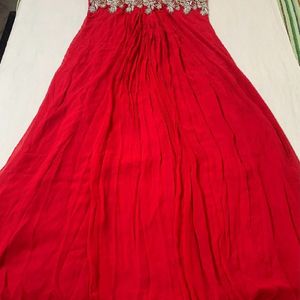 Red Long Flared Gown With Heavy Embroidery