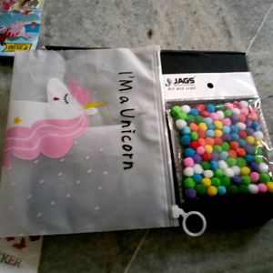 Stickers,Pom PomsAnd Unicorn Pouch