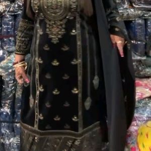 Black Nd Gold Heavy Velvet Suit With Shawl