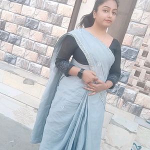 Grey Cotton Saree With Black Blouse