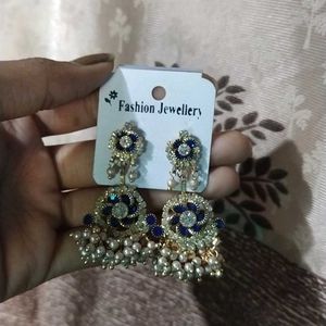 Earings With Moti And Blue Stone