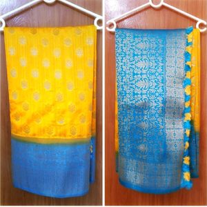 Yellow blue fancy saree with designer blouse