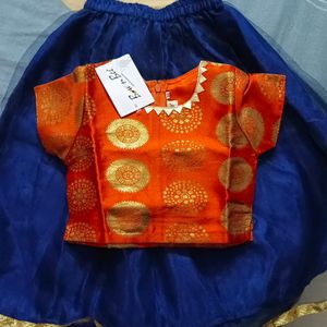 Orange Foil Print Choli & Lehenga Set With Dupatta