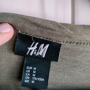 H&M Olive Cotton Scoop Neck T-Shirt