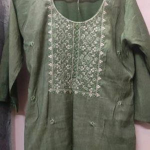 Pista Green Kurti With Golden Embroidery Work