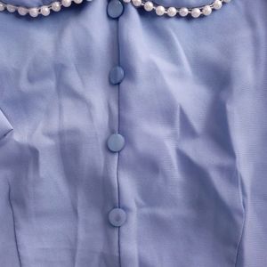 Coral Blue Pearl Collar Neckline Crop Top