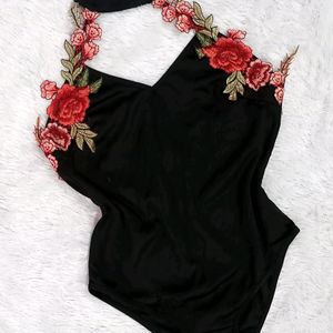 Flower Applique Beautiful Bodysuit With Deep Back