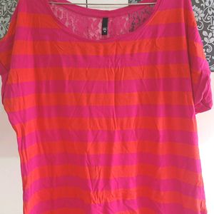 Pink And Orange Striped Women T-Shirt