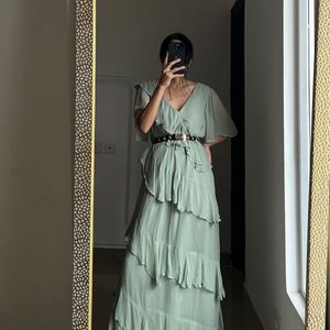 Asymmetric Ruffle Tiered Angel Sleeve Maxi Dress