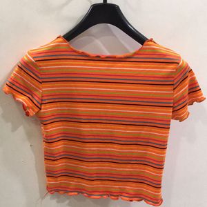 Orange Multicoloured Stripes T-shirt