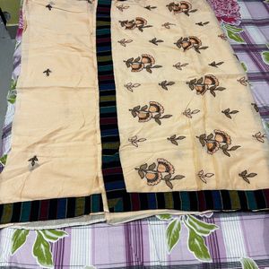 Peach Cotton Embroidered Saree