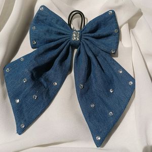 Denim Hair Bow With Rhinestones Detailing