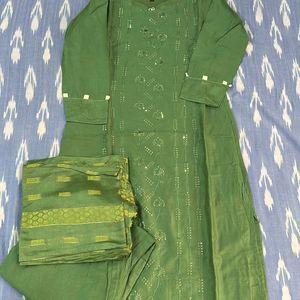 Teal Green Embroidery Kurtha Set