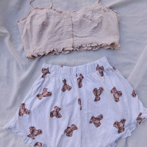 Cropped Tan Blouse And Teddy Bear Shorts