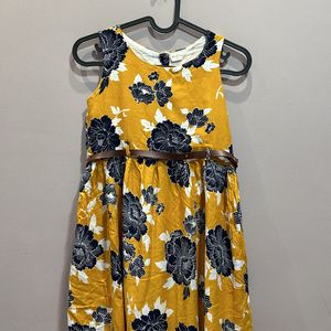 FLORAL MUSTARD GIRLS FROCK WITH BELT