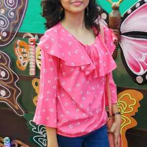 Pink And White Printed Blousan Top