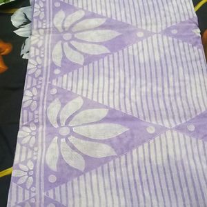 Lavender And White Supernet Saree Without Blouse