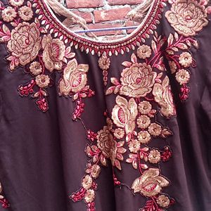 Brown Flared Embroidered Gown